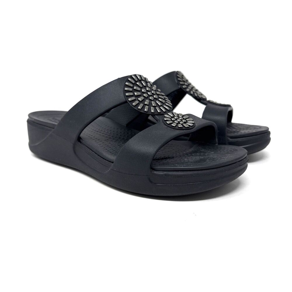 CROCS Monterey Diamante Wedge Sandal Womens Size 10 Black Embellished Dual Strap